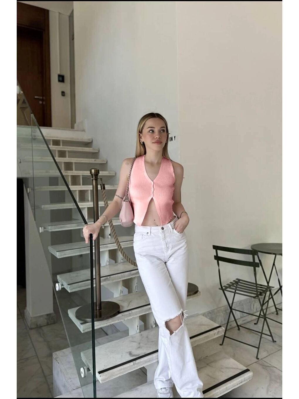 Pembe Kadın Somon Düğmeli Crop Triko Yelek HZL24S-ZK10231