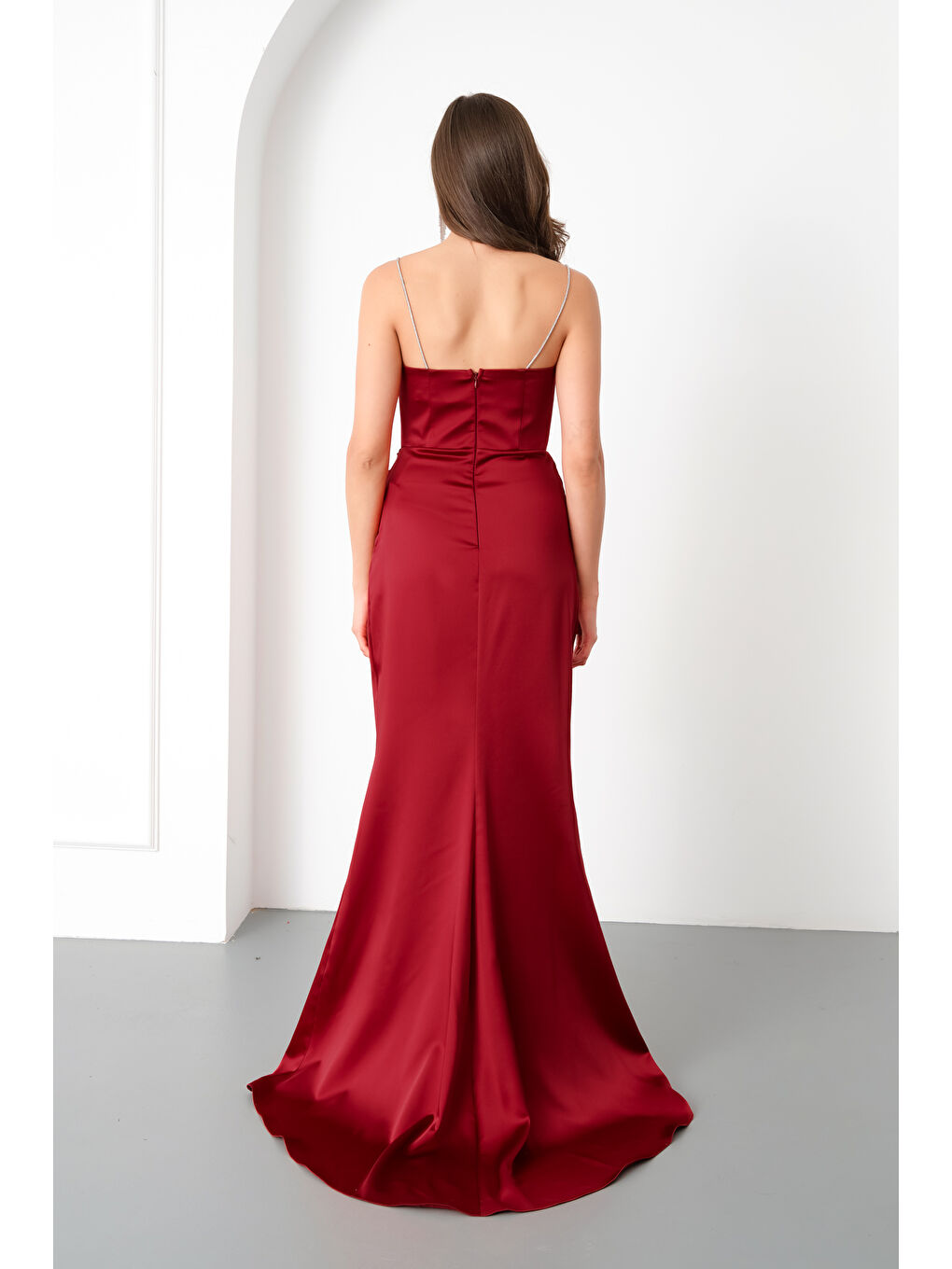 Kadın Bordo Taş Askılı Uzun Söz Nişan Abiye Elbise-4