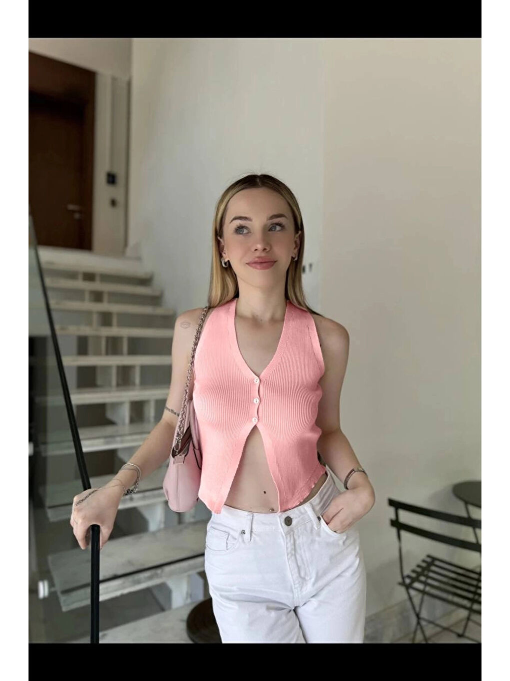 Pembe Kadın Somon Düğmeli Crop Triko Yelek HZL24S-ZK10231-2