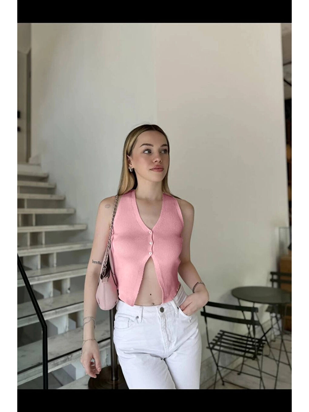 Pembe Kadın Somon Düğmeli Crop Triko Yelek HZL24S-ZK10231-3