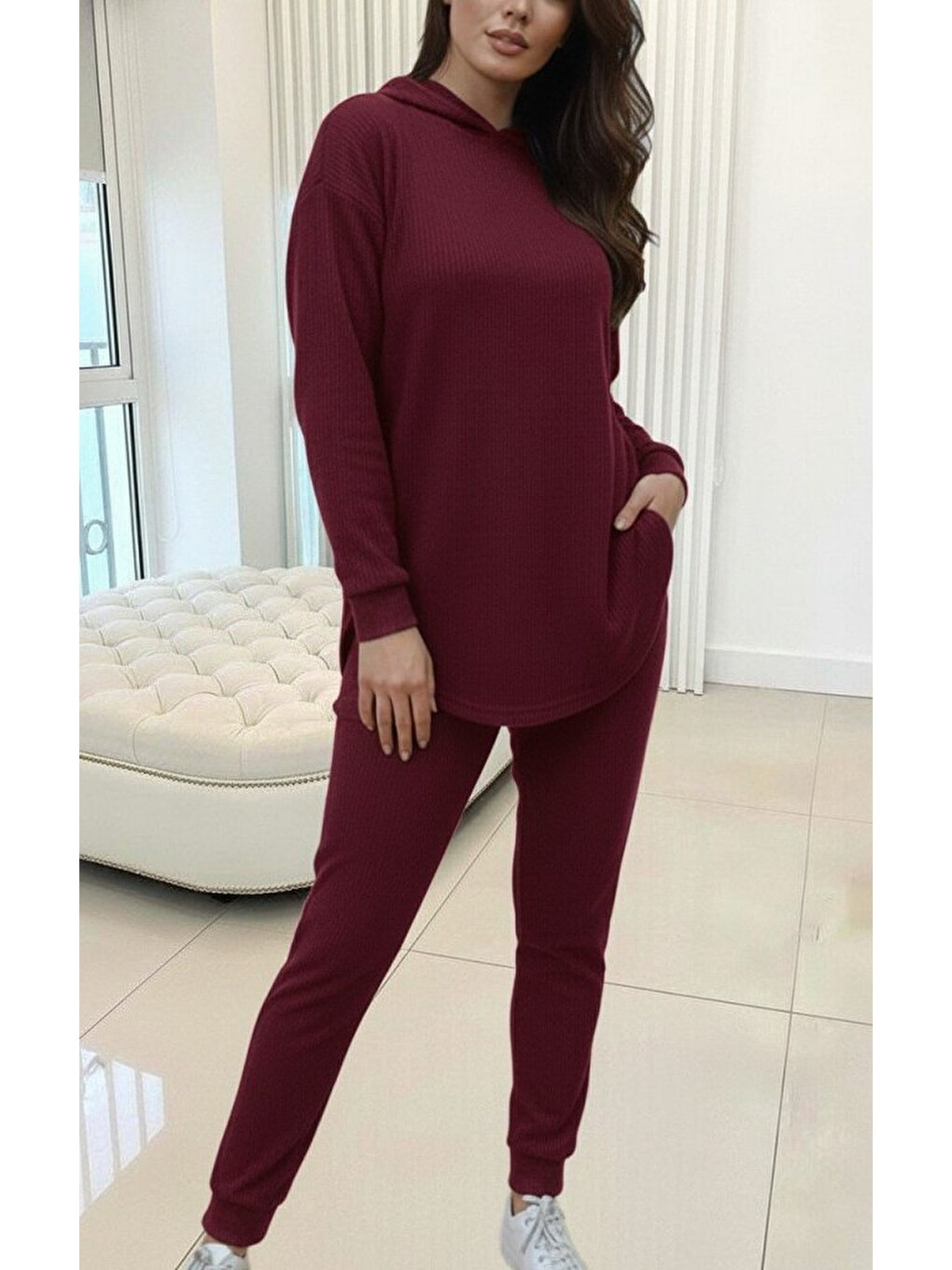 Bordo Kadın Uzun Kollu Kapüşonlu Meloni Bluz Ve Pantolon Ikili Takım