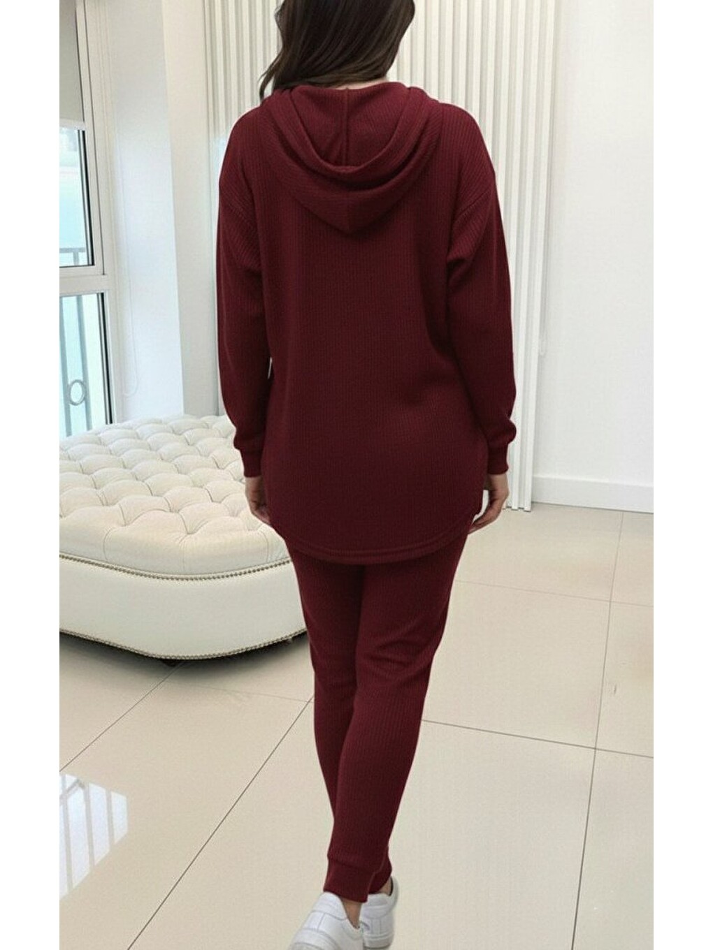 Bordo Kadın Uzun Kollu Kapüşonlu Meloni Bluz Ve Pantolon Ikili Takım-2