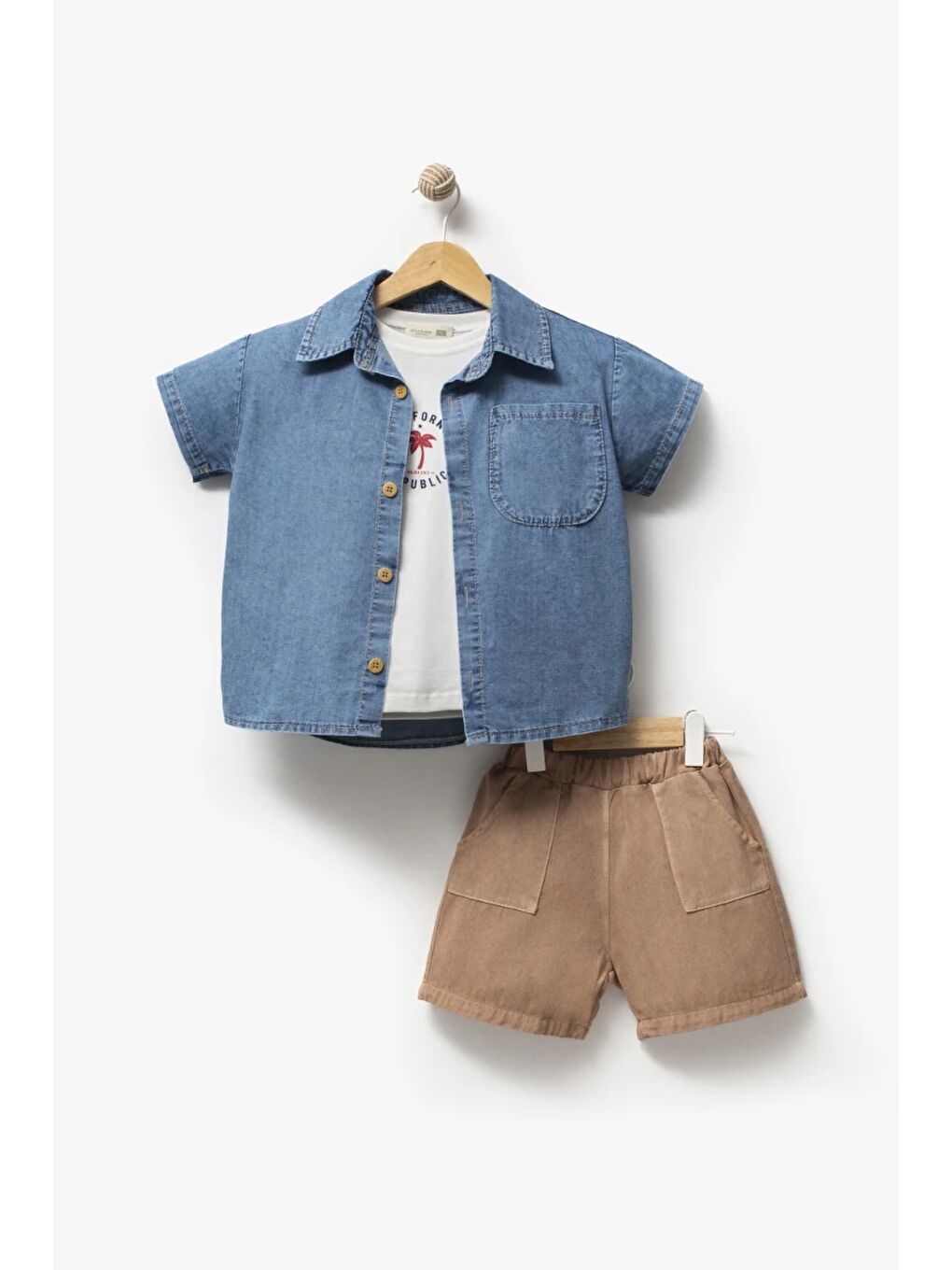 Bej Jean gömlek T-shirt Şort 3lü Yazlık Erkek Çocuk Takım 3711-1