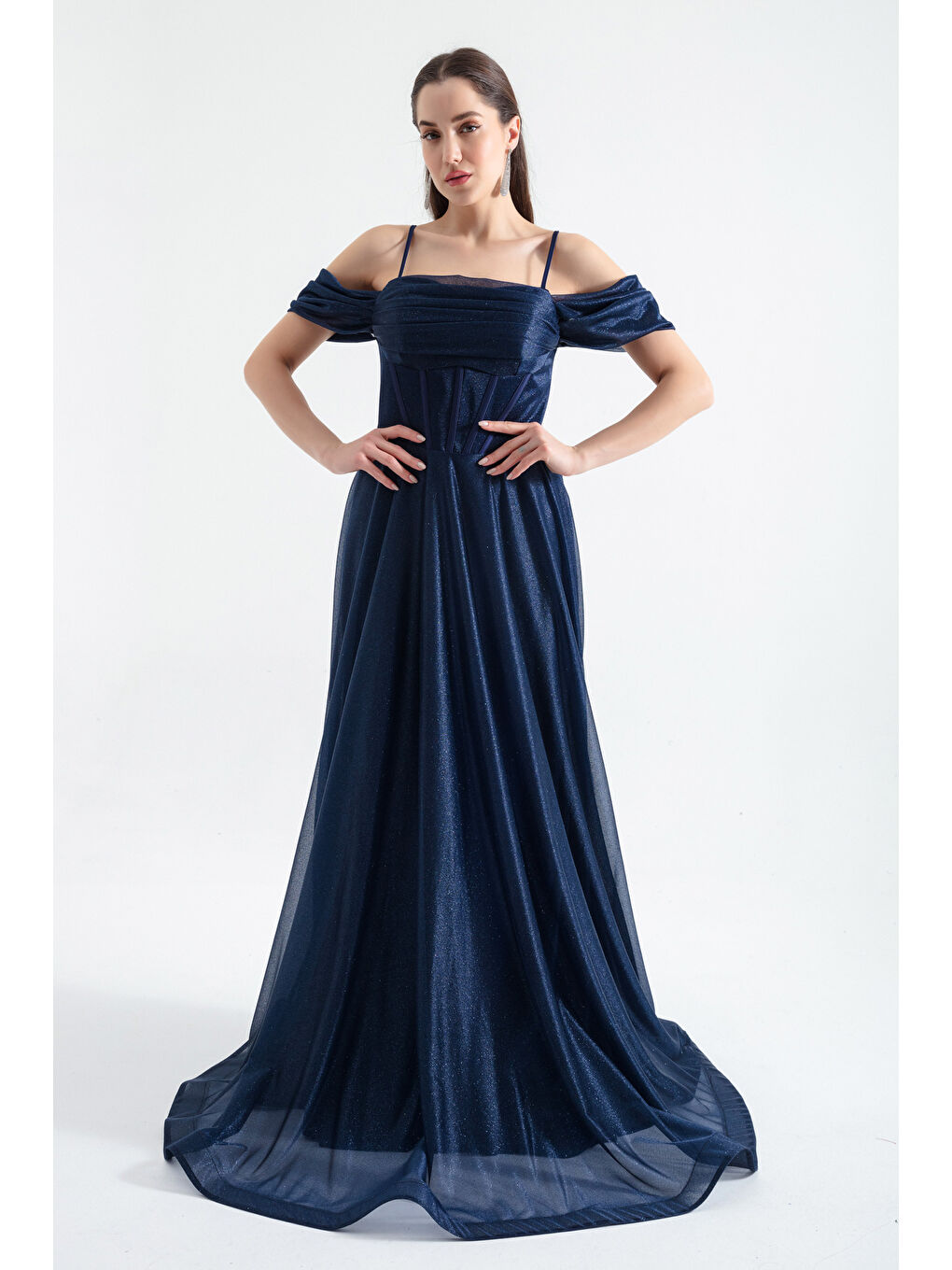 Kadın Lacivert Askılı Simli Uzun Kloş Abiye Elbise-1