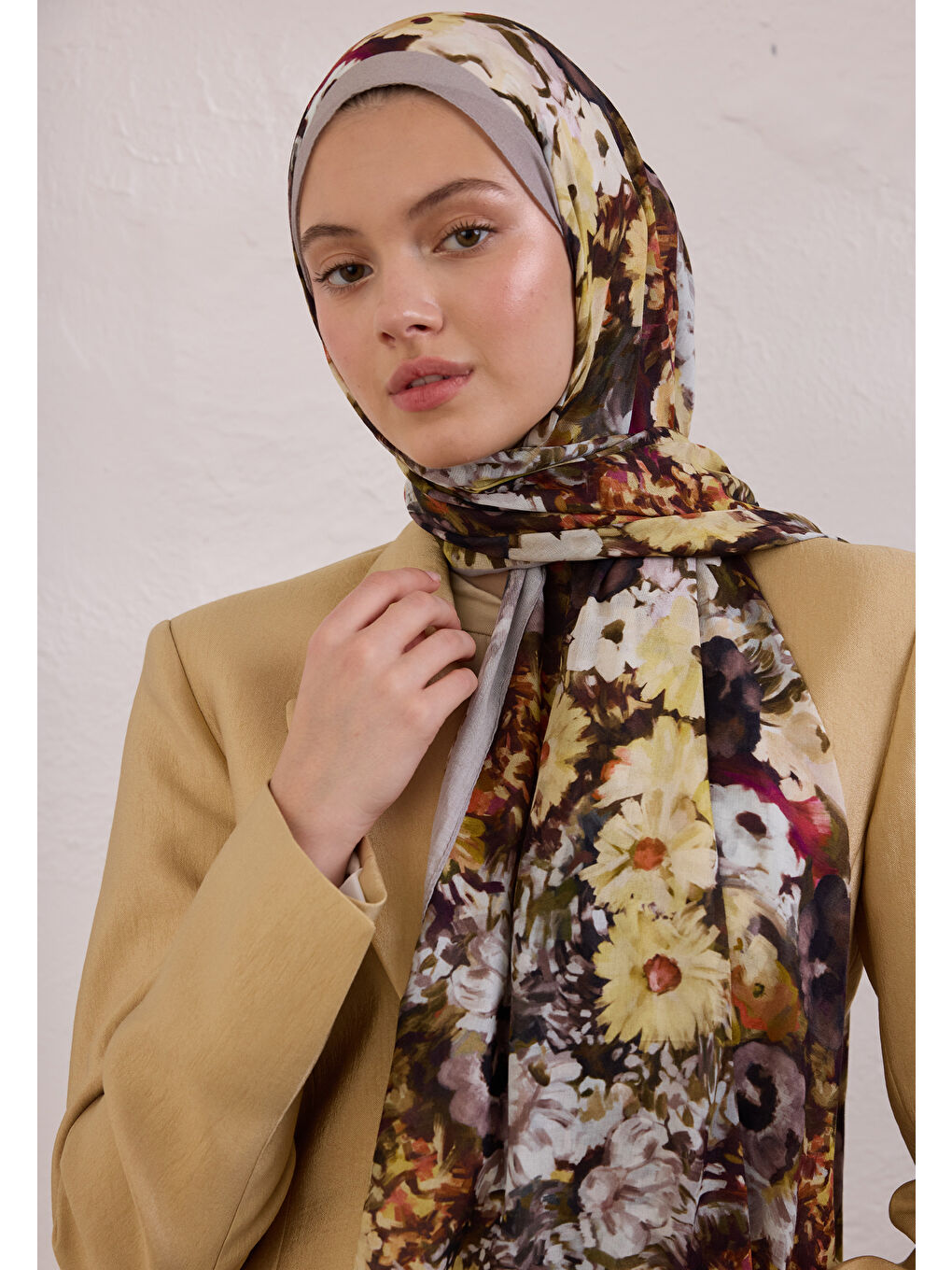 Gri Beauty Blossom Desen Rami Şal Füme-2