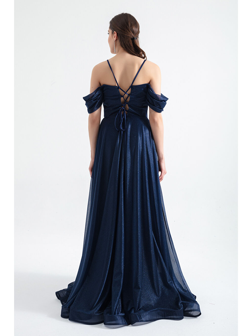 Kadın Lacivert Askılı Simli Uzun Kloş Abiye Elbise-4