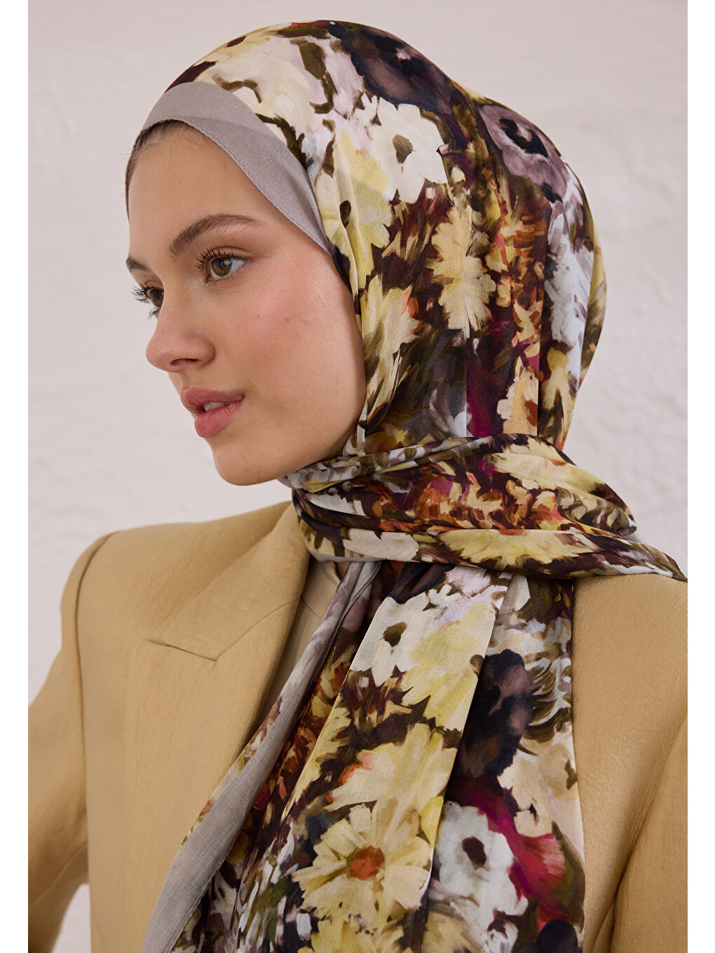 Gri Beauty Blossom Desen Rami Şal Füme-3