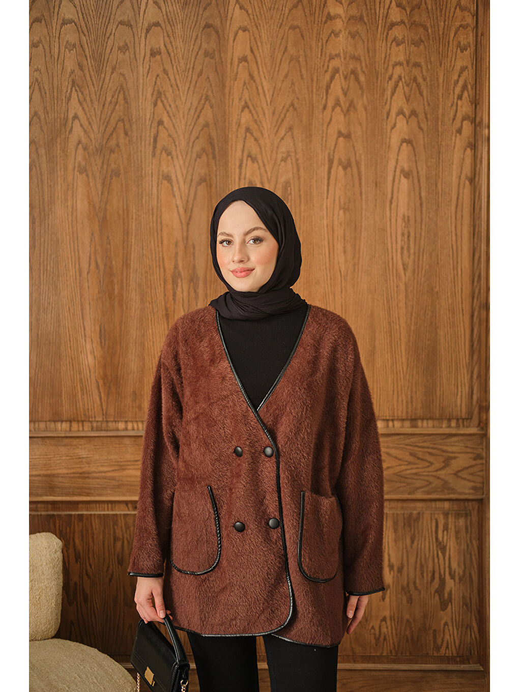 Kadın Deri Detay Pelüş Hırka Kahverengi-1