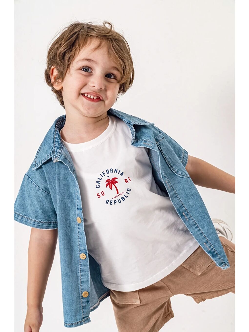 Bej Jean gömlek T-shirt Şort 3lü Yazlık Erkek Çocuk Takım 3711-2