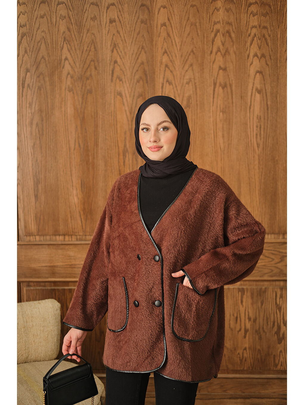 Kadın Deri Detay Pelüş Hırka Kahverengi-2