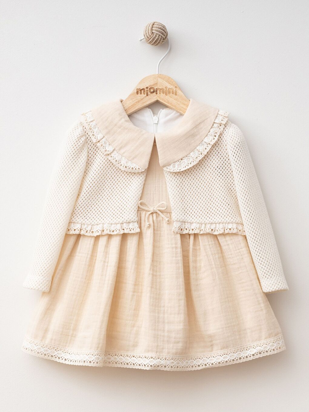 Bej Bebe Yaka Dantel Detaylı Kız Bebek Elbise ve Bolero 2'li Takım-1