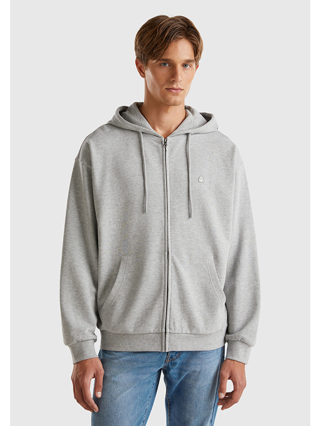 Gri Melanj  100 Pamuk Dar Kesim  Kapüşonlu Erkek Fermuarlı Sweatshirt Hırka