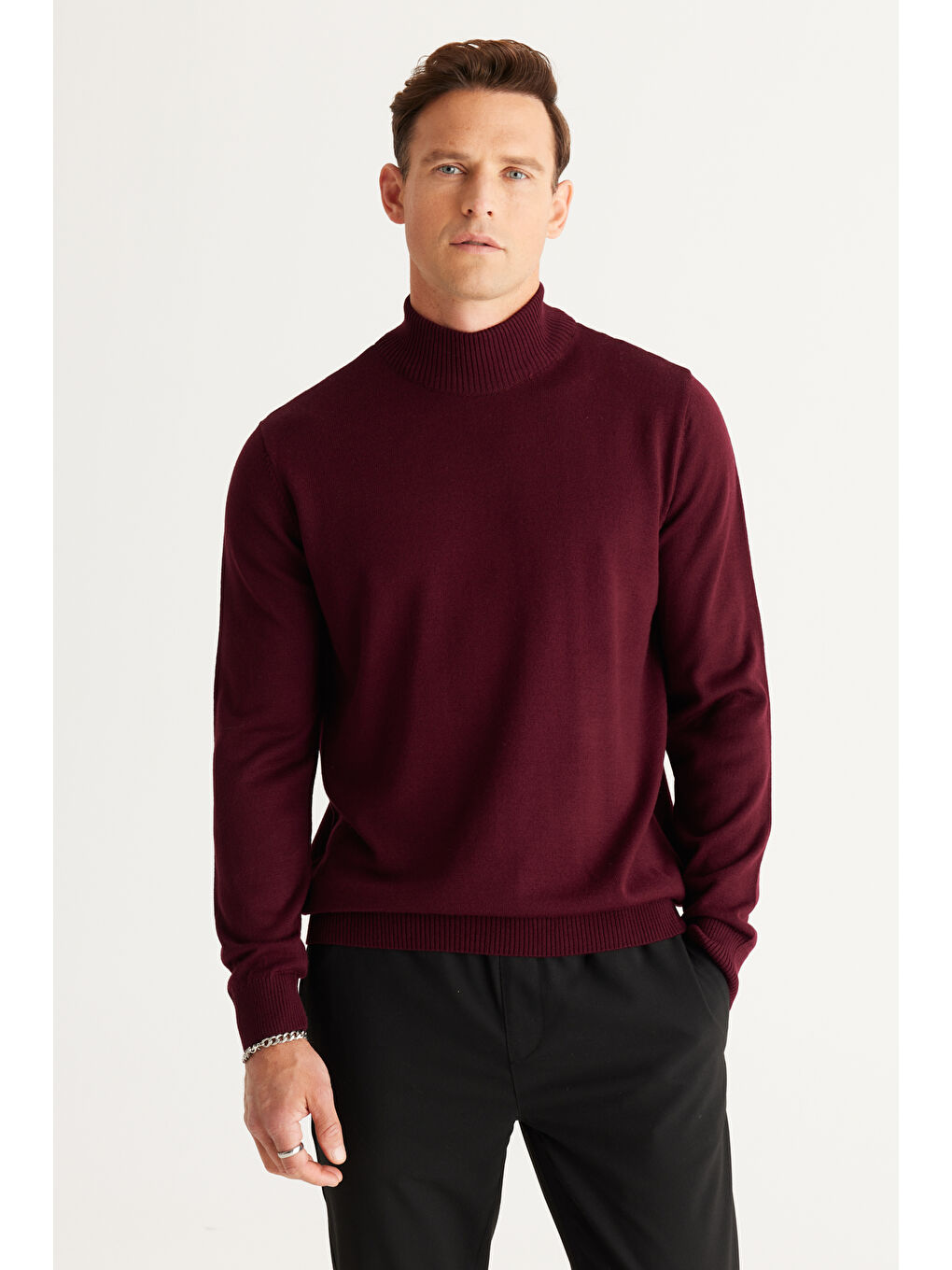 Erkek Bordo-Siyah 2'li Paket Standart Fit Normal Kesim Yarım Balıkçı Yaka Basic Triko Kazak-2