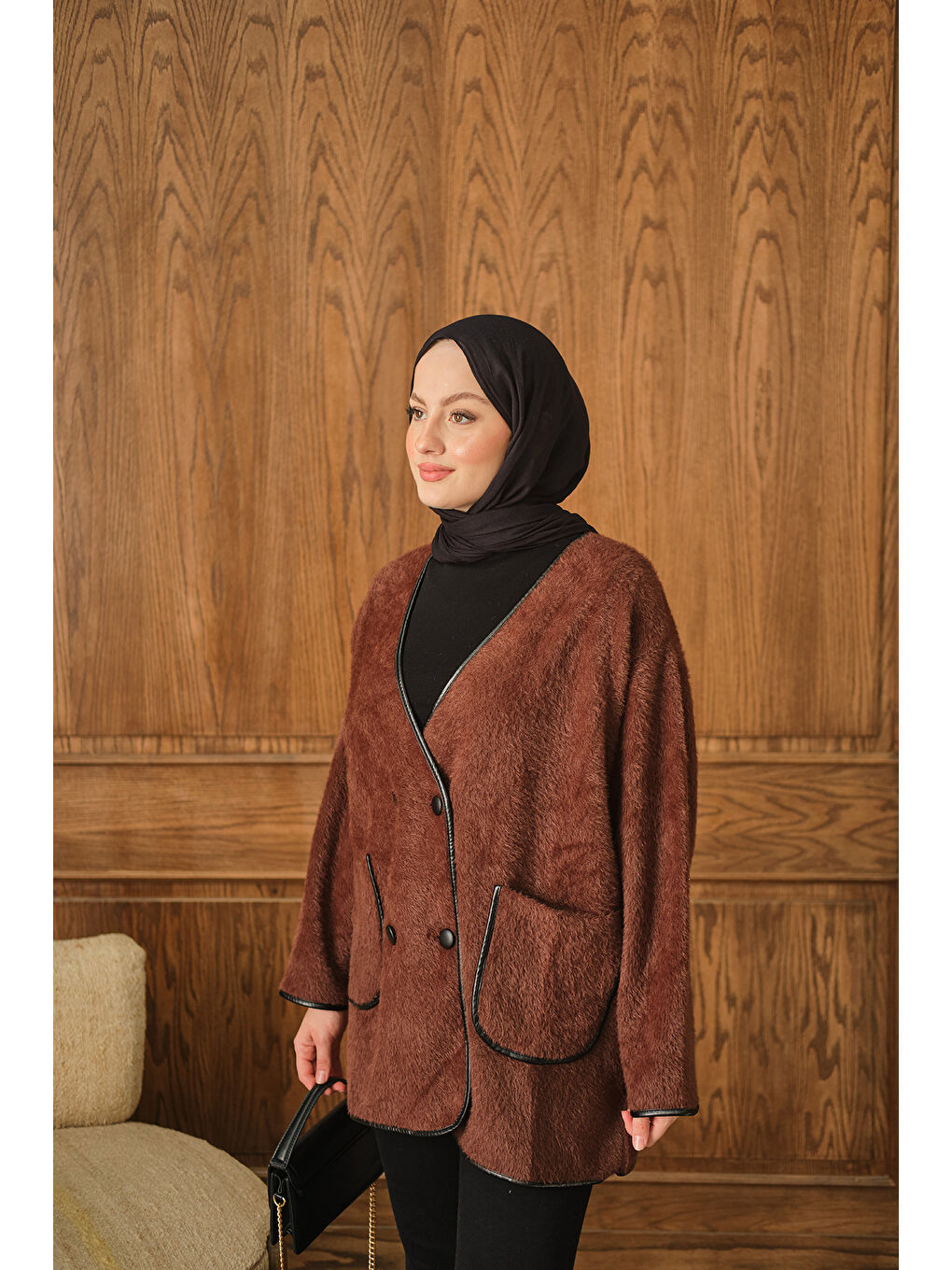 Kadın Deri Detay Pelüş Hırka Kahverengi-3