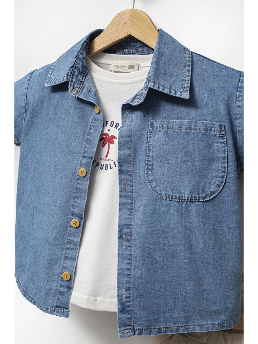 Bej Jean gömlek T-shirt Şort 3lü Yazlık Erkek Çocuk Takım 3711-4