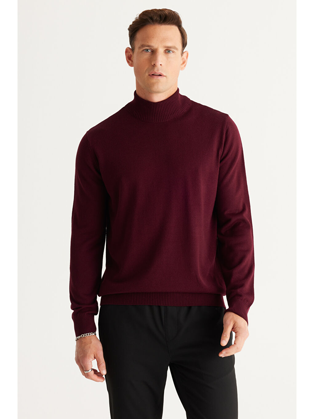 Erkek Bordo-Siyah 2'li Paket Standart Fit Normal Kesim Yarım Balıkçı Yaka Basic Triko Kazak-8