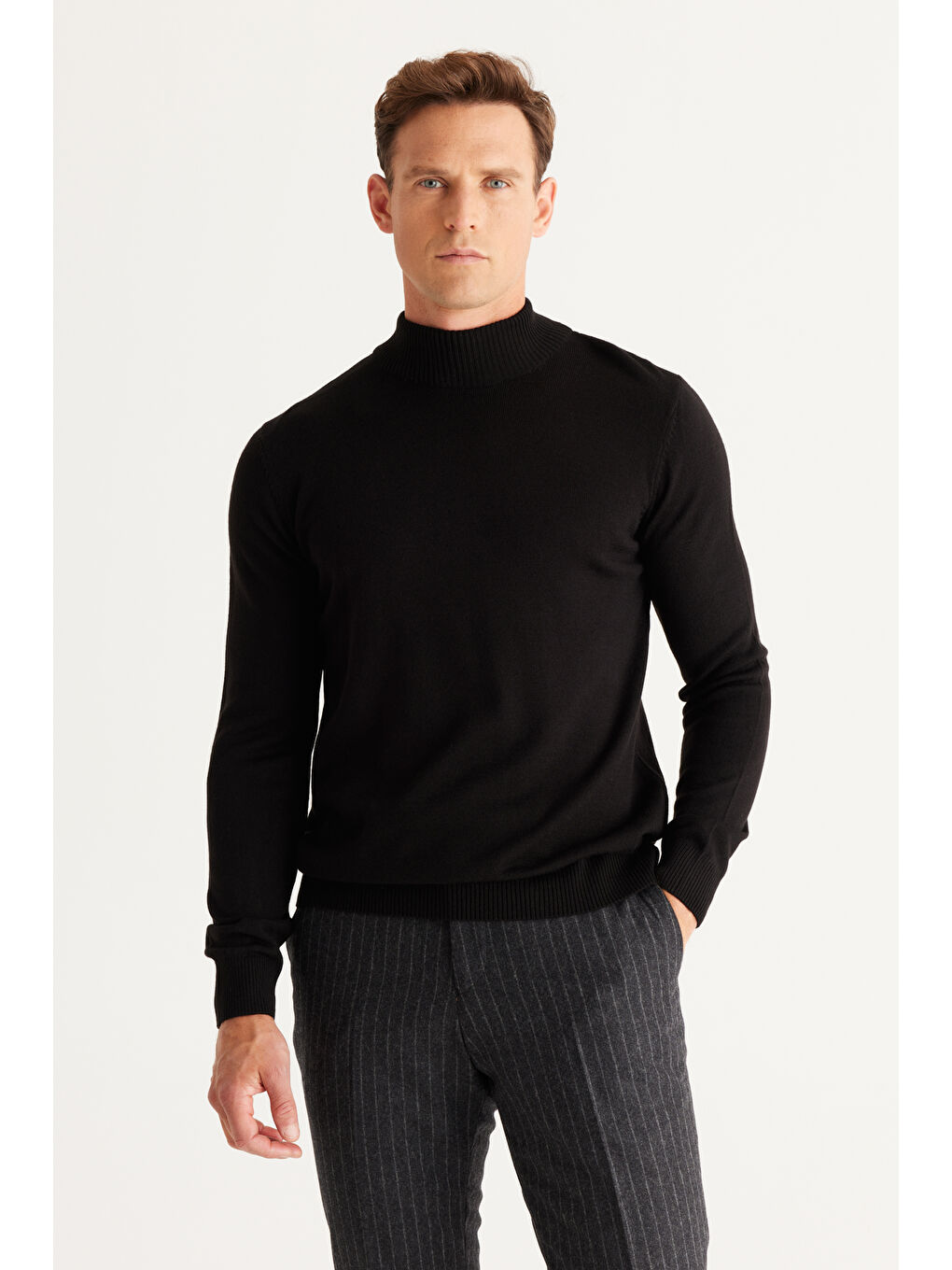 Erkek Bordo-Siyah 2'li Paket Standart Fit Normal Kesim Yarım Balıkçı Yaka Basic Triko Kazak-9