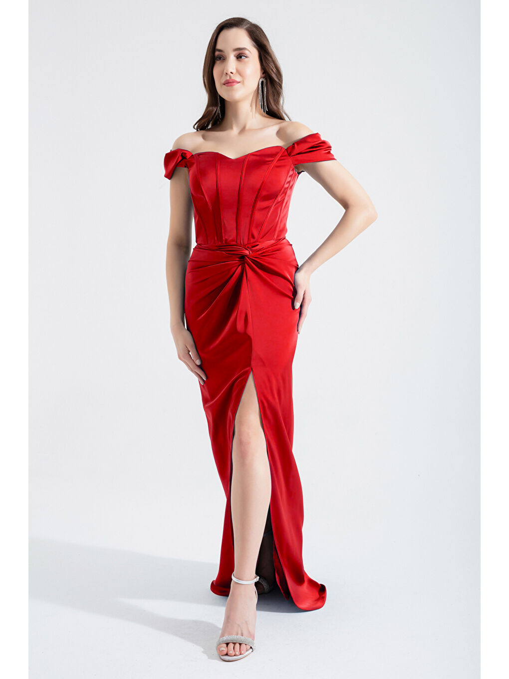 Kadın Kırmızı Balen Korseli Uzun Saten Abiye Elbise-1