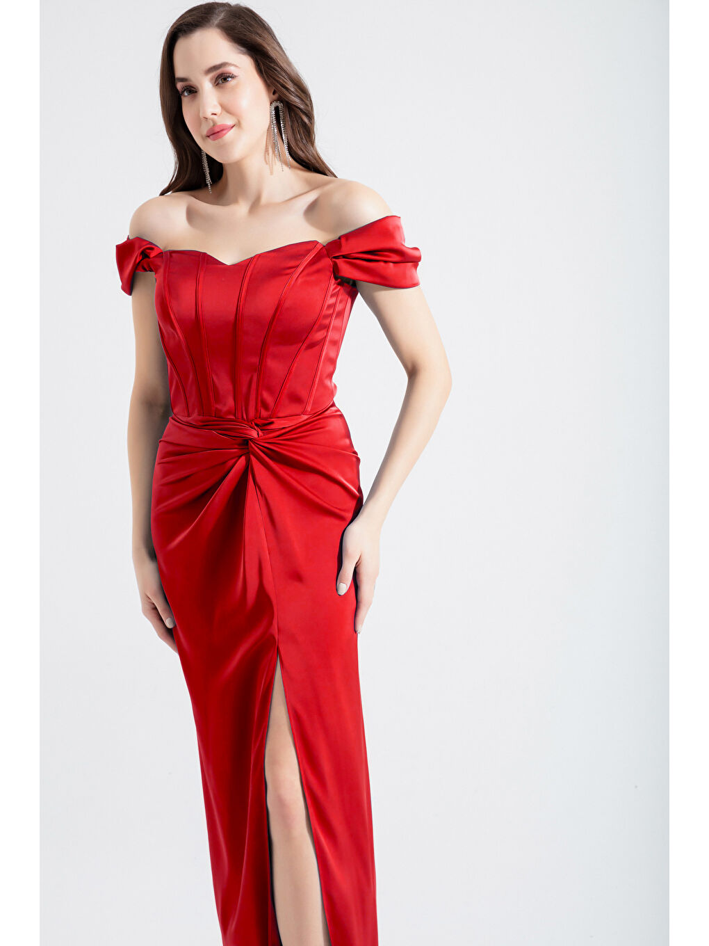 Kadın Kırmızı Balen Korseli Uzun Saten Abiye Elbise-2