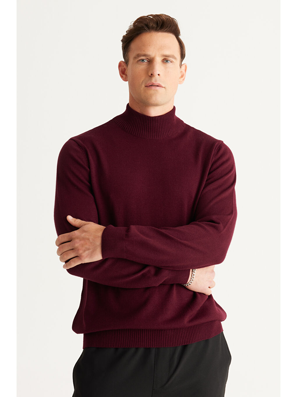 Erkek Bordo-Siyah 2'li Paket Standart Fit Normal Kesim Yarım Balıkçı Yaka Basic Triko Kazak-10