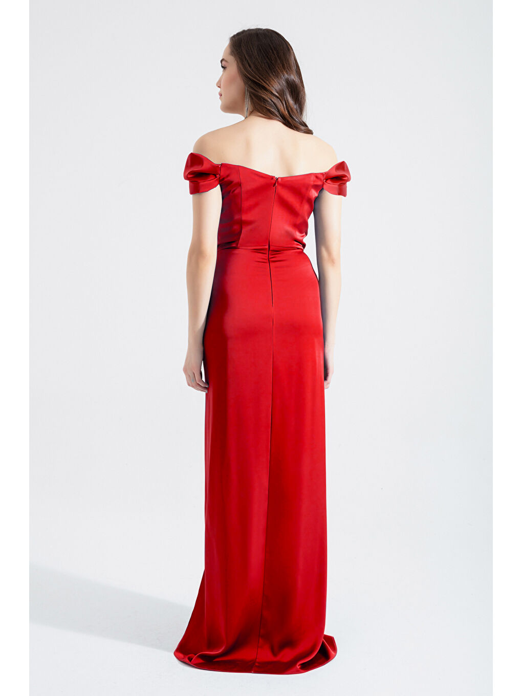 Kadın Kırmızı Balen Korseli Uzun Saten Abiye Elbise-4