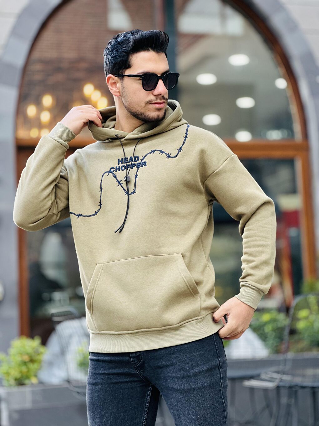 Miron Haki Üç İplik Head Chopper Nakışlı Oversize Kapüşonlu Sweatshirt