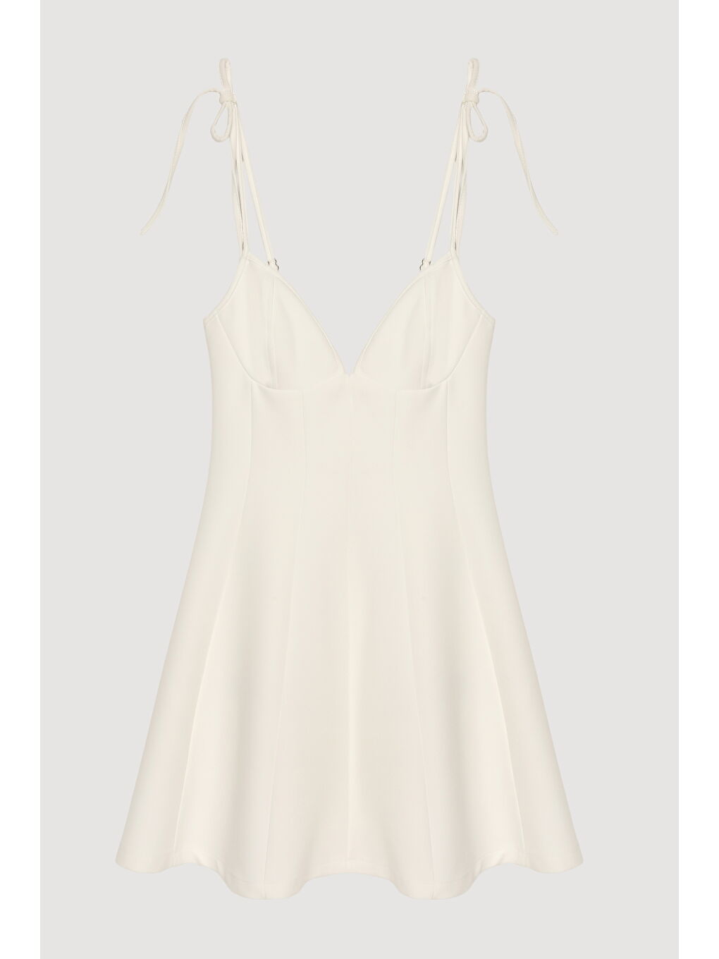 Kalp Yaka Bağlamalı İp Askılı Mini Elbise Ekru-1