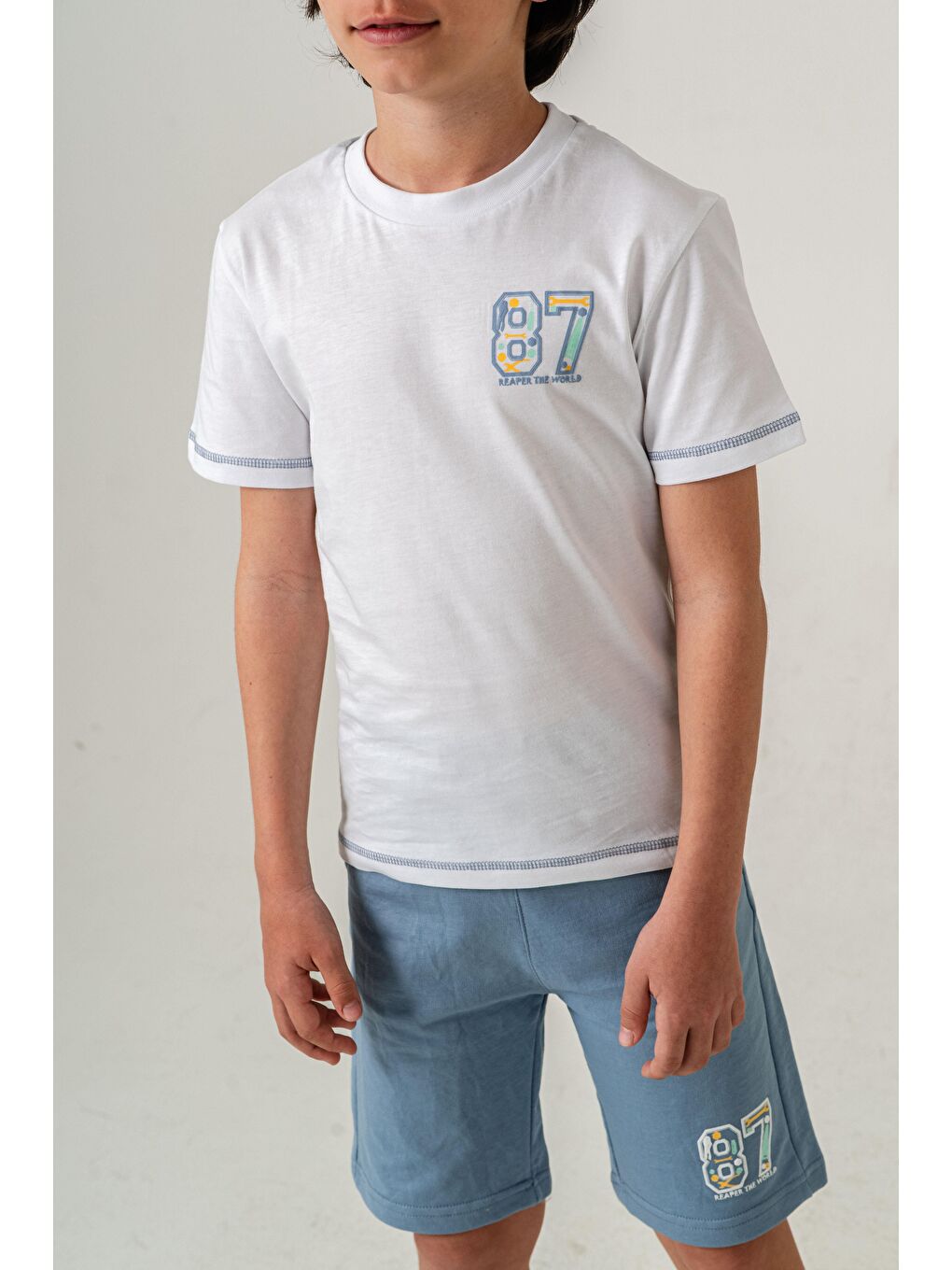 Mavi 87 Reaper The World Baskılı  Erkek Çocuk Şort - Tişört Takımı-4