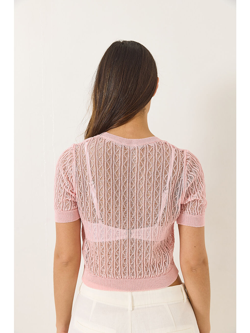 Pembe Kadın Bisiklet Yaka Yadızlı Kısa Kol Ajurlu Örgü Detaylı Crop Bluz-4