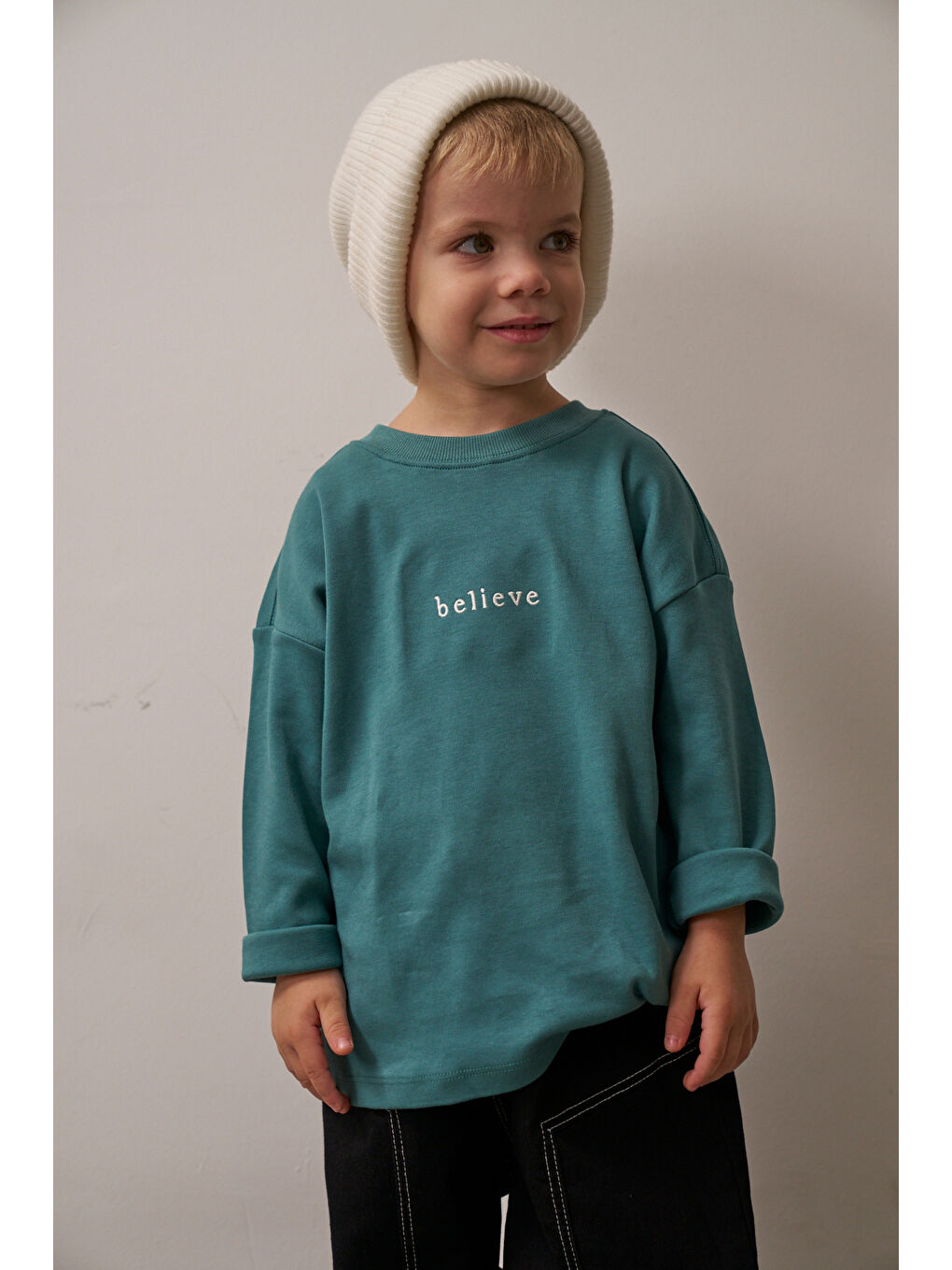 Yeşil Nakışlı Oversize Uzun Kollu T-shirt