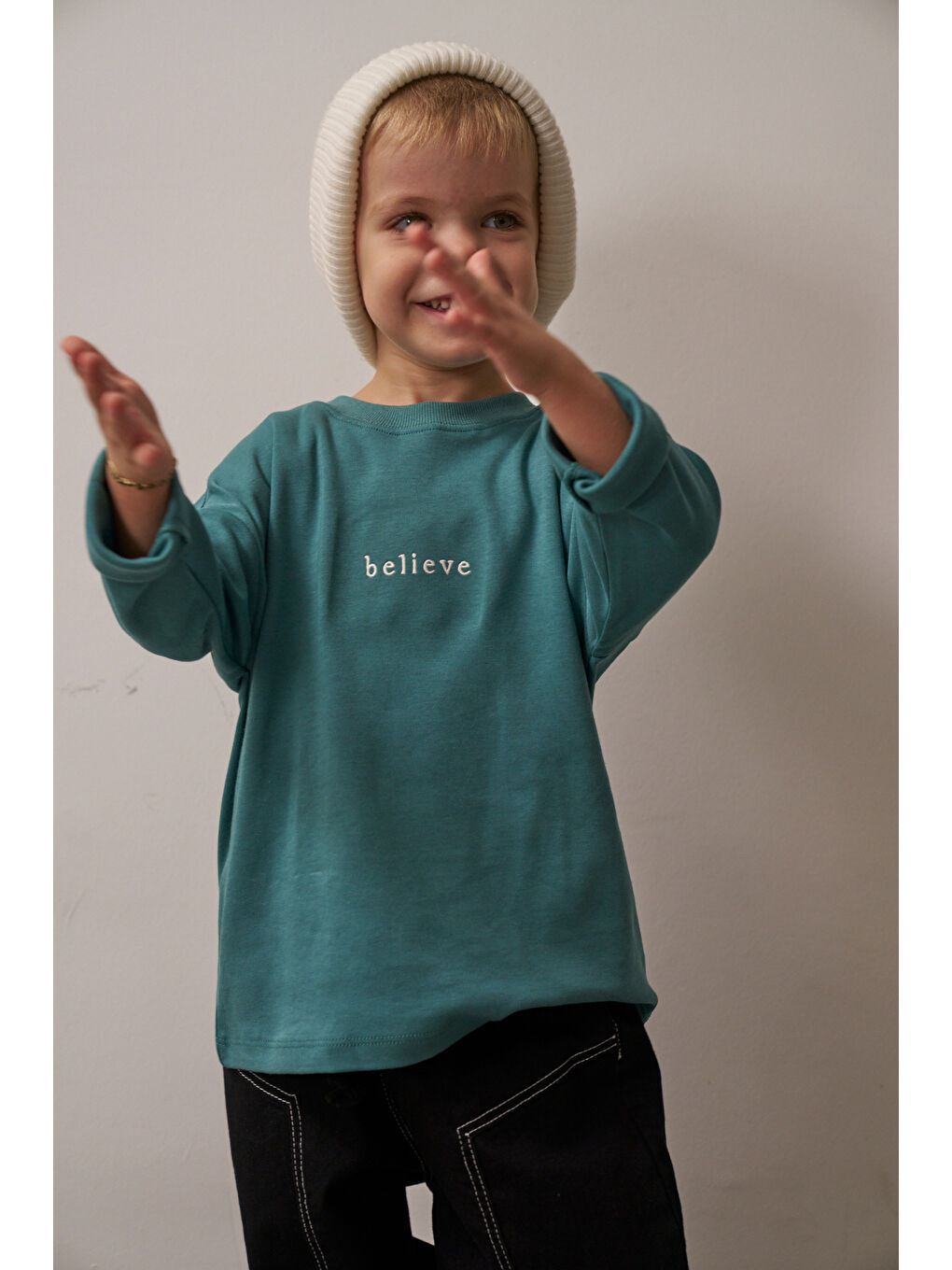 Yeşil Nakışlı Oversize Uzun Kollu T-shirt-3