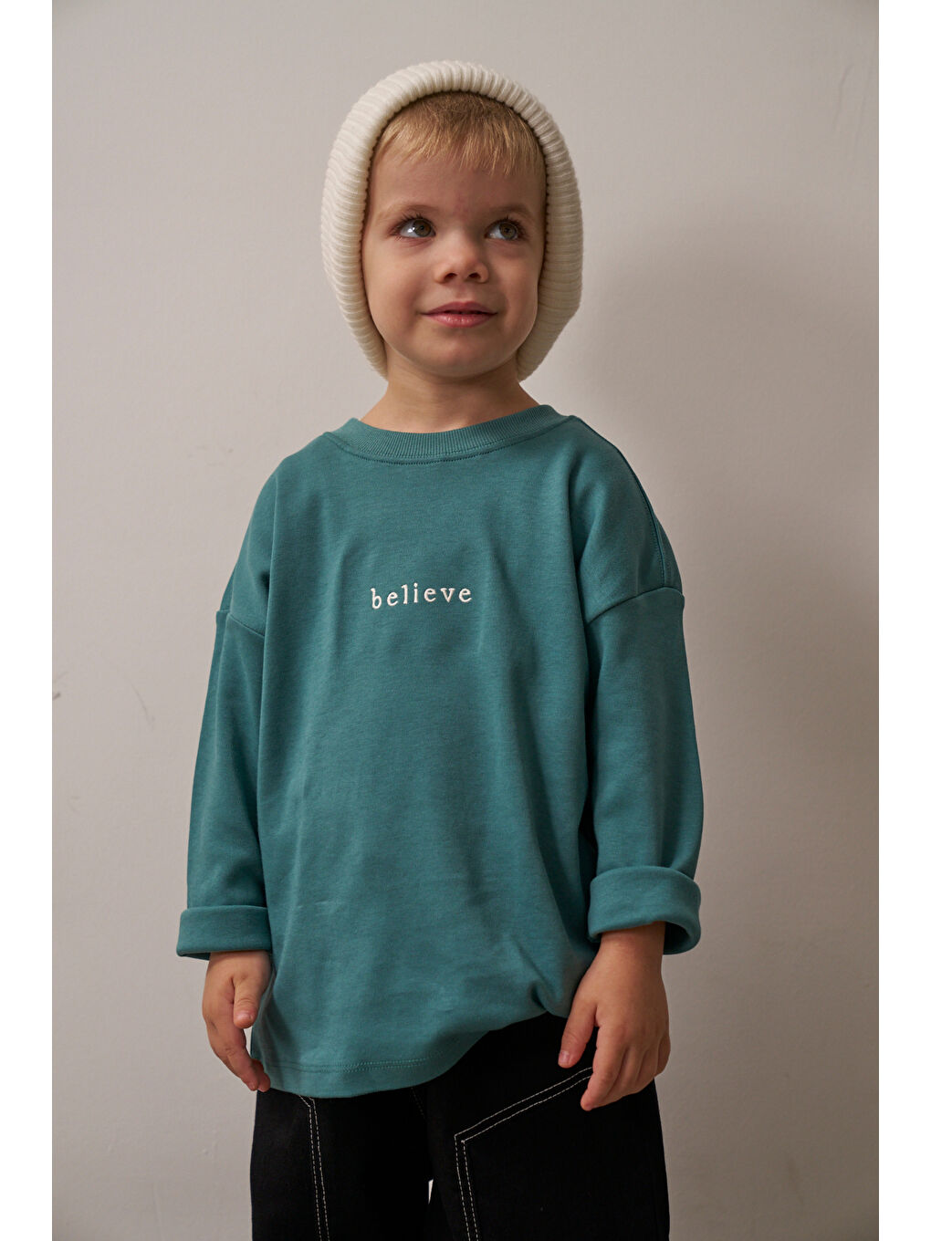 Yeşil Nakışlı Oversize Uzun Kollu T-shirt-4