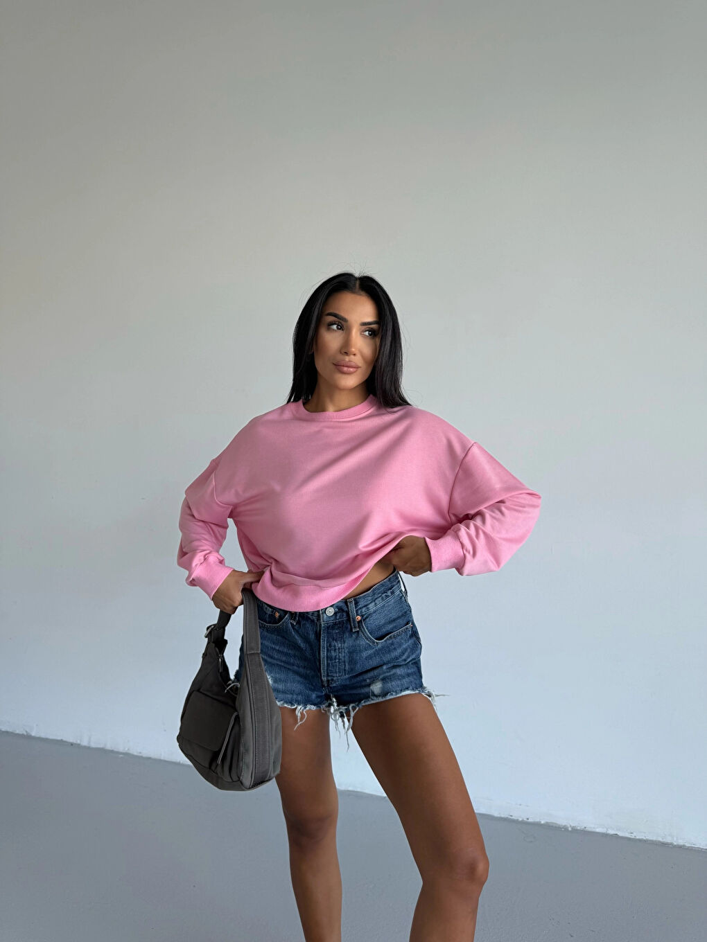 Kadın Pembe Bisiklet Yaka 2 İplik Sweatshirt HZL25W-FRY123391-1