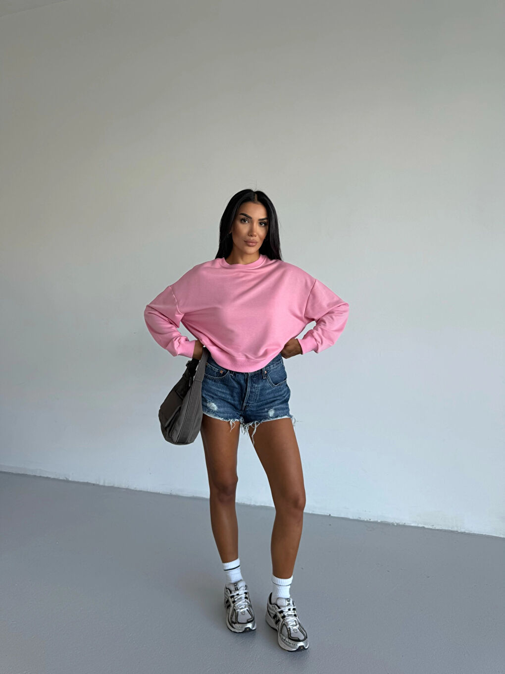 Kadın Pembe Bisiklet Yaka 2 İplik Sweatshirt HZL25W-FRY123391-2