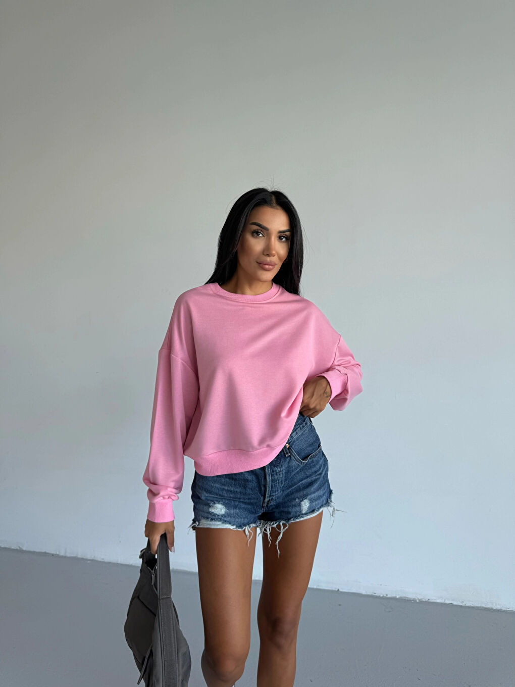 Kadın Pembe Bisiklet Yaka 2 İplik Sweatshirt HZL25W-FRY123391-3