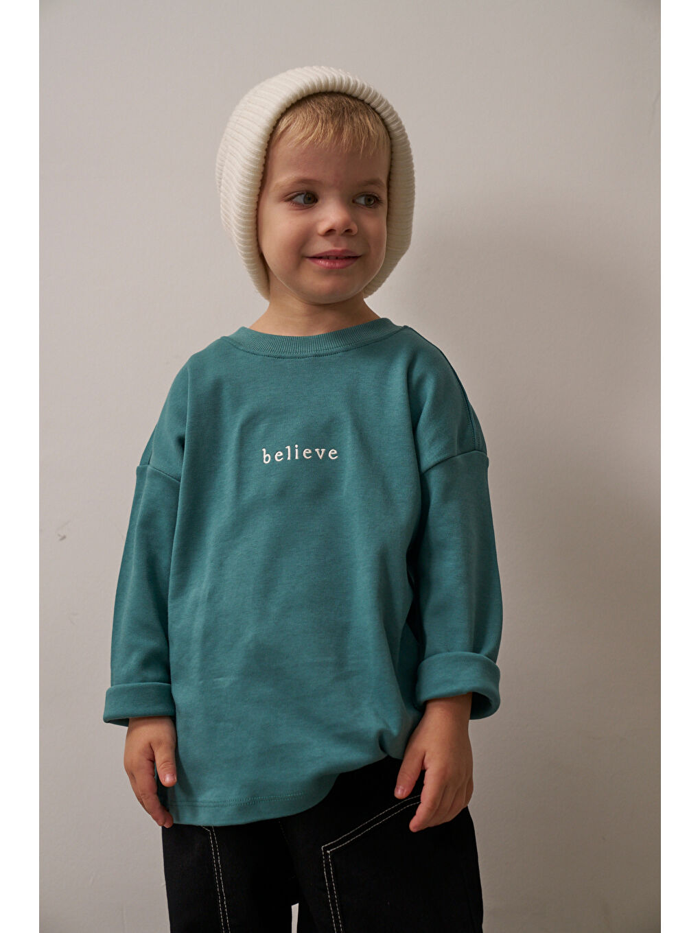 Yeşil Nakışlı Oversize Uzun Kollu T-shirt-5