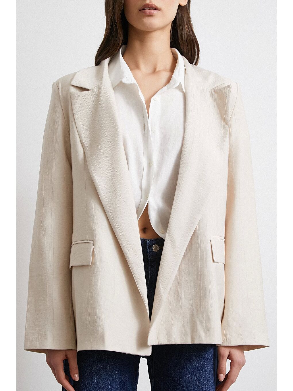 Çizgi Astarlı Dökümlü Blazer Ceket Bej