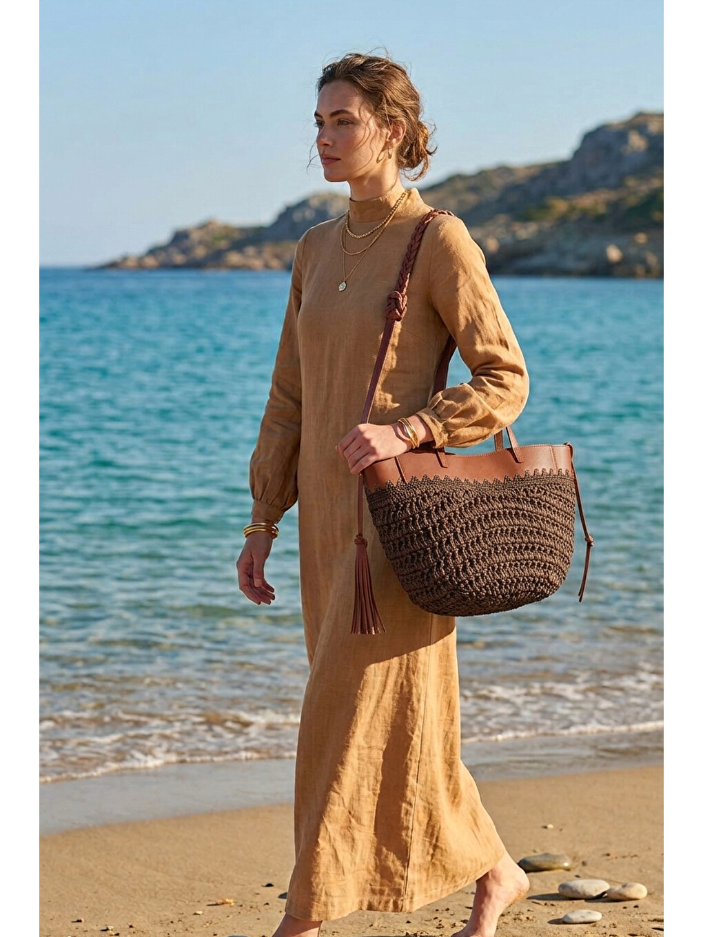 Kahverengi Kahve Deri Detaylı Hasır Çanta Cnt2604-3