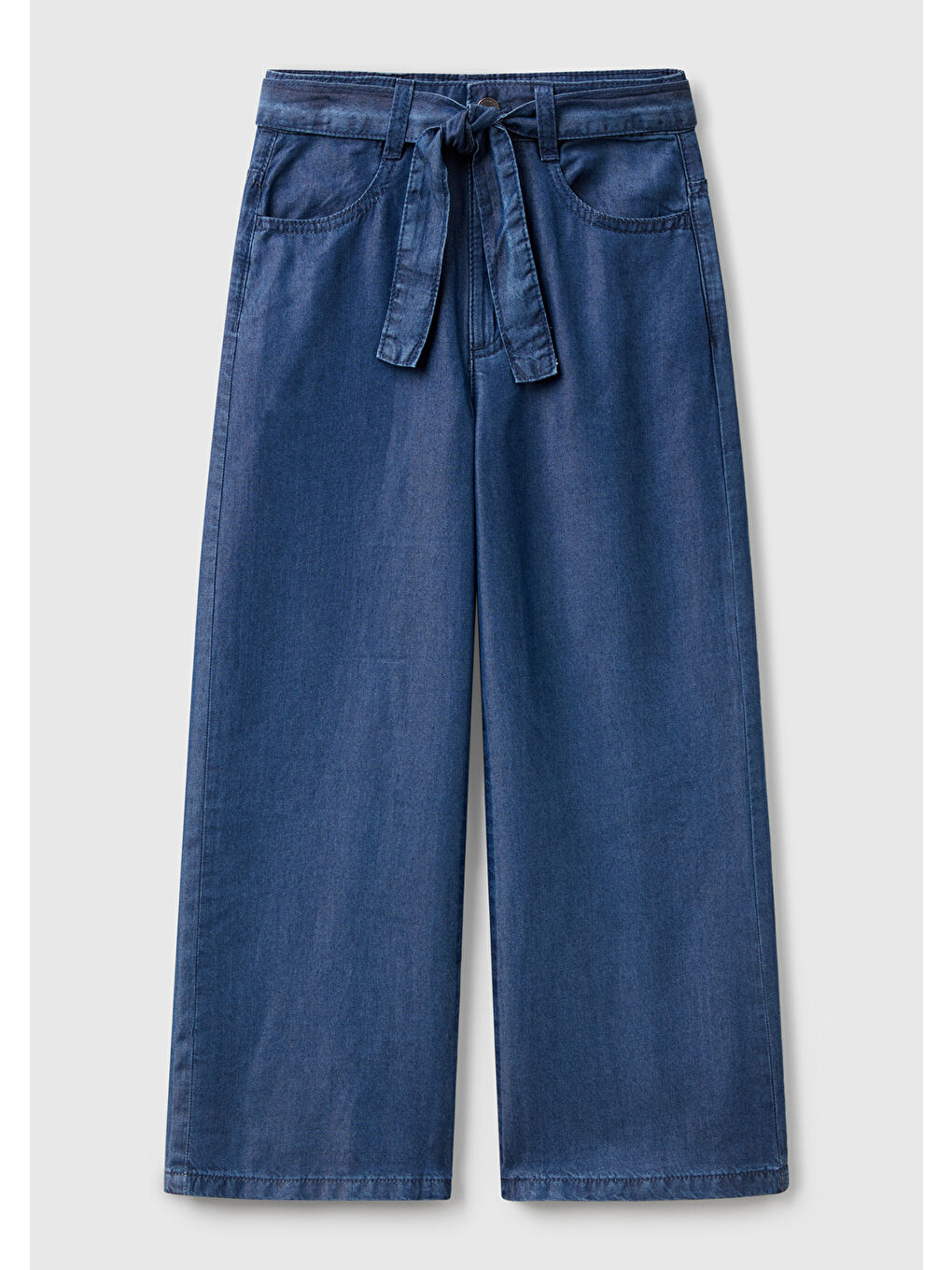 Mavi Kız Çocuk Koyu Denim %100 Liyosel Beli Kuşaklı Wide Fit Denim Pantolon