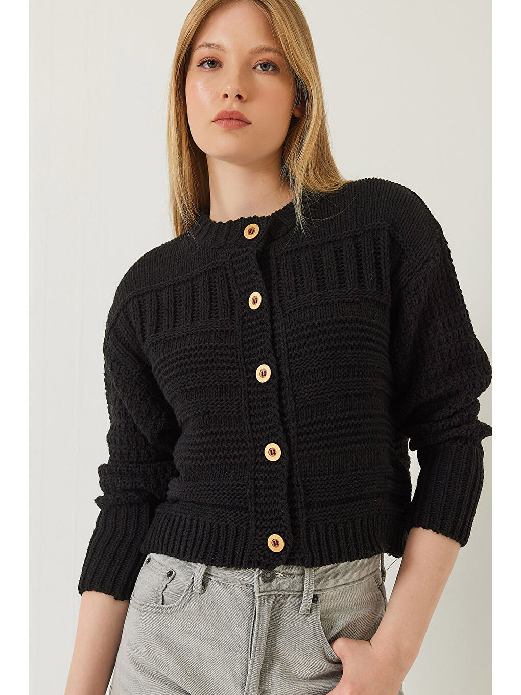 Siyah Kadın Düğmeli Desenli Triko Hırka