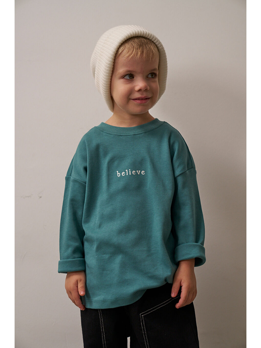 Yeşil Nakışlı Oversize Uzun Kollu T-shirt-6