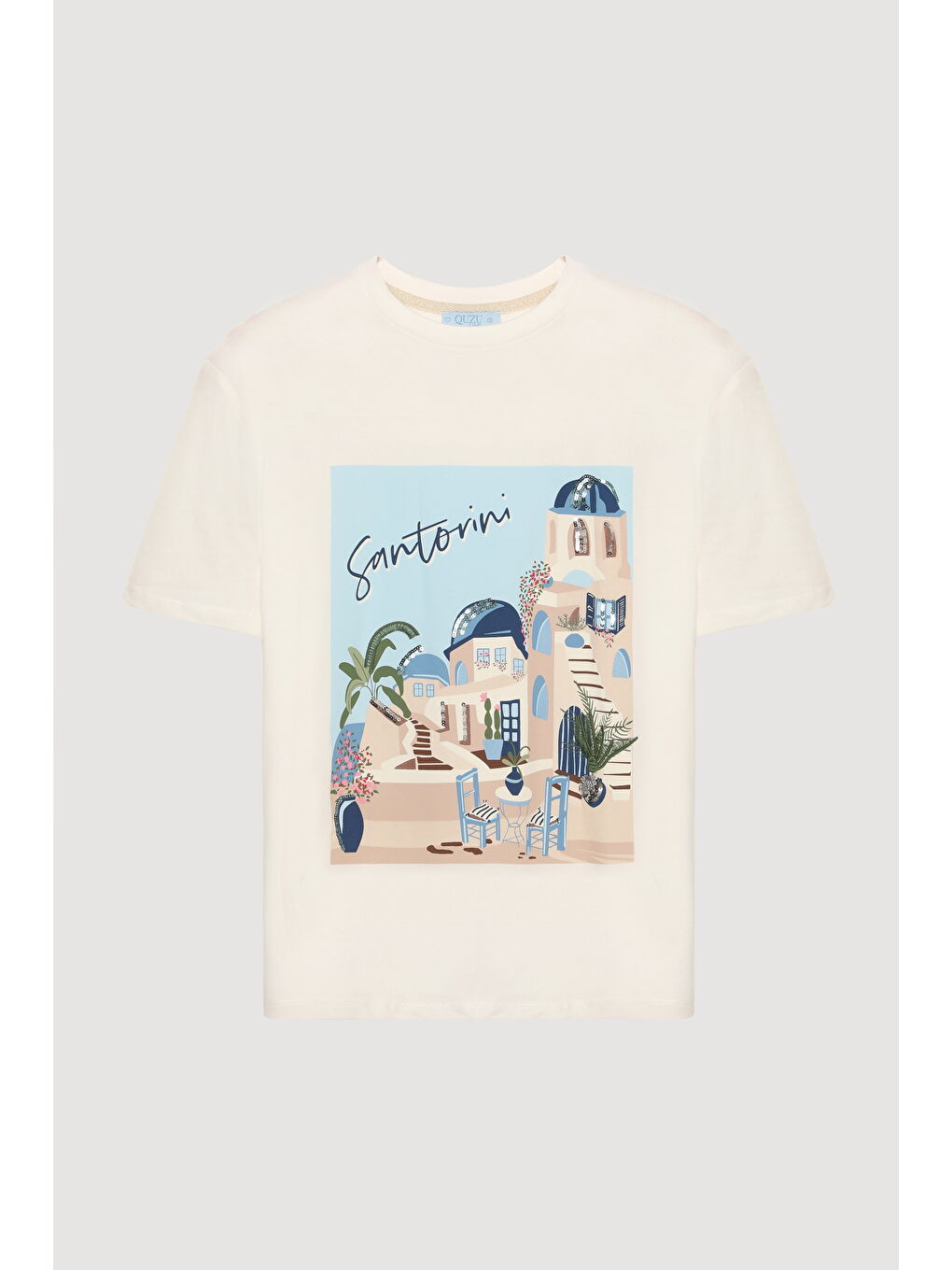 Santorini Baskılı Kısa Kol Tişört Ekru