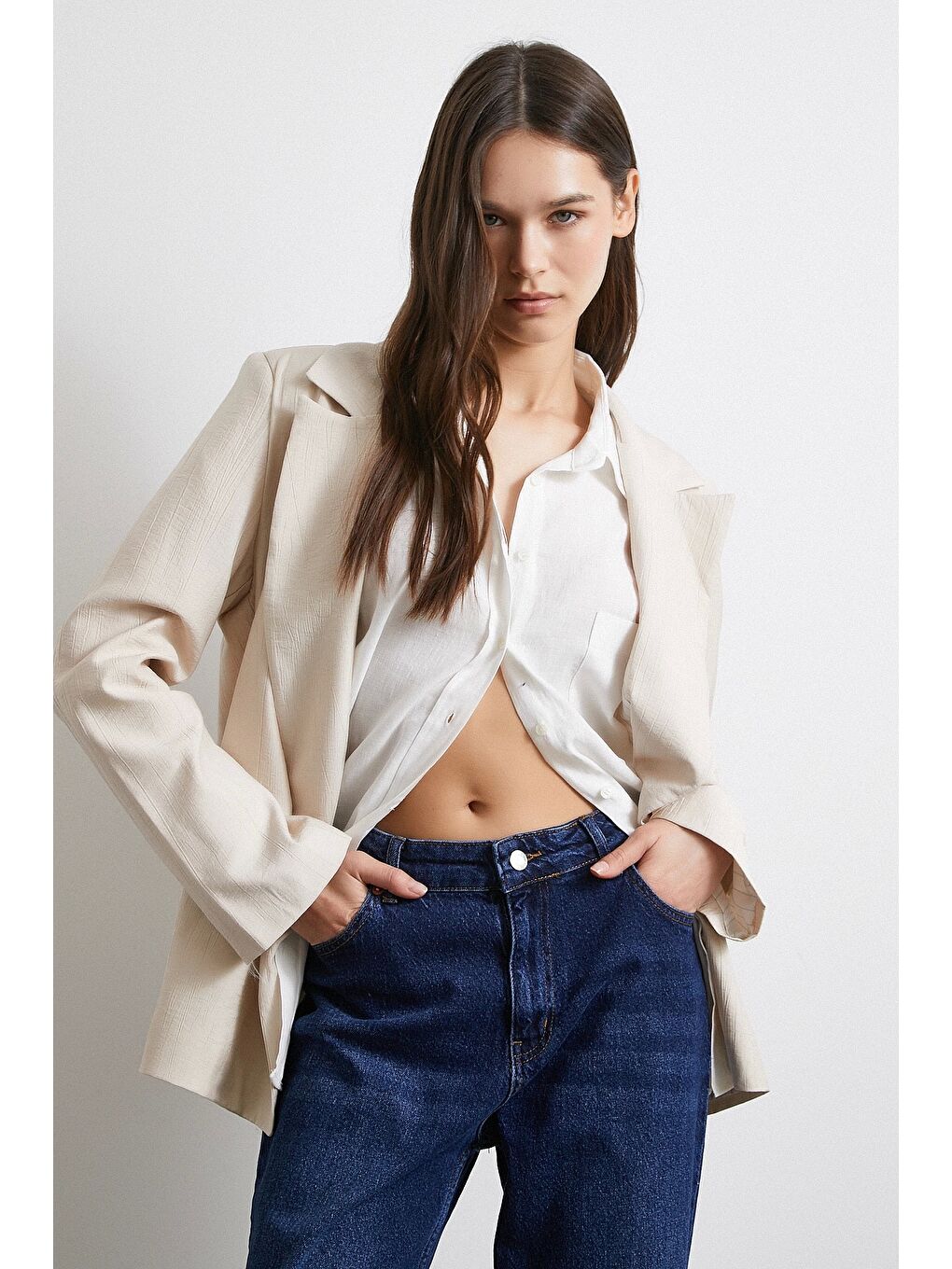 Çizgi Astarlı Dökümlü Blazer Ceket Bej-3