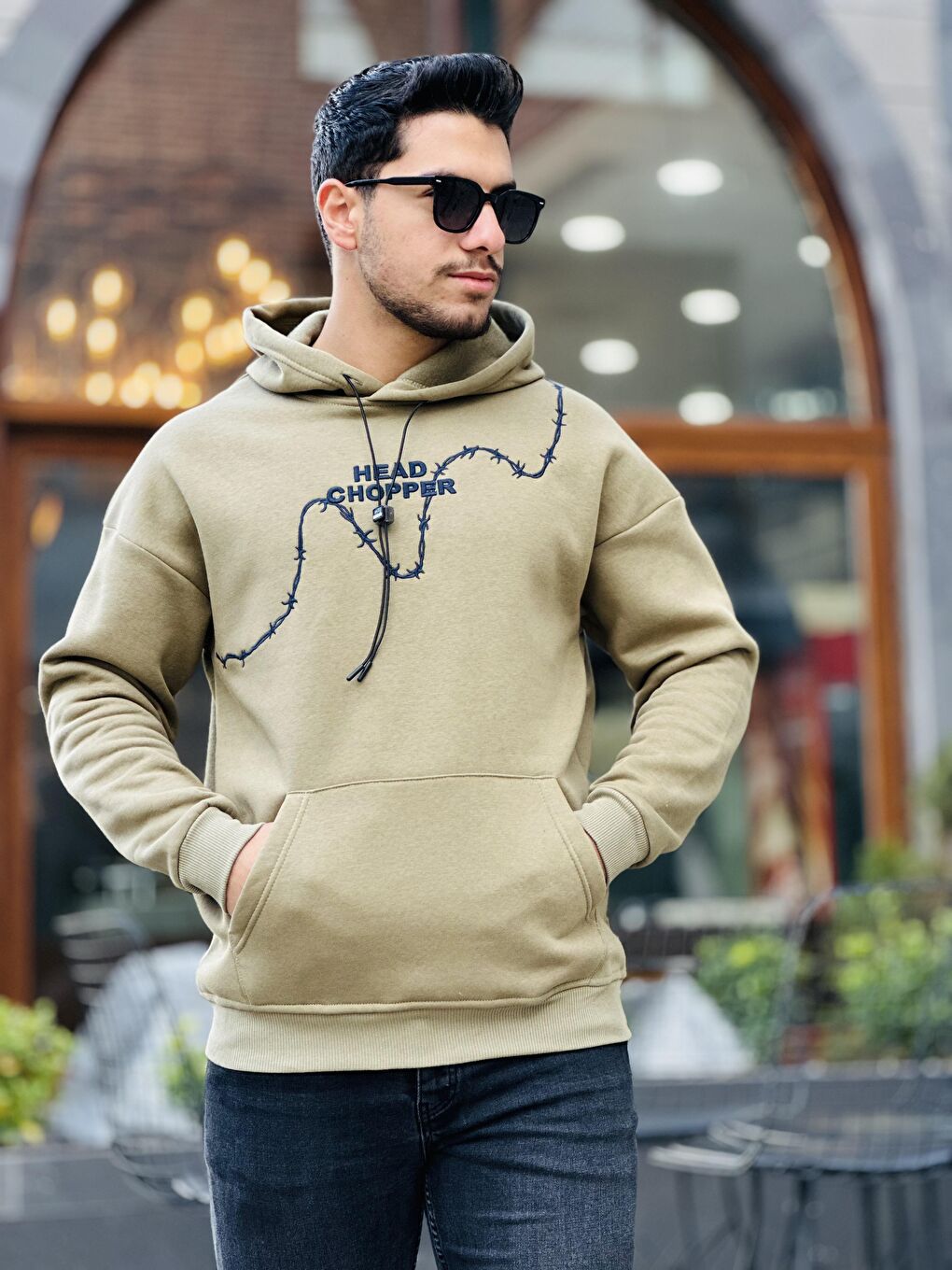 Miron Haki Üç İplik Head Chopper Nakışlı Oversize Kapüşonlu Sweatshirt - 2