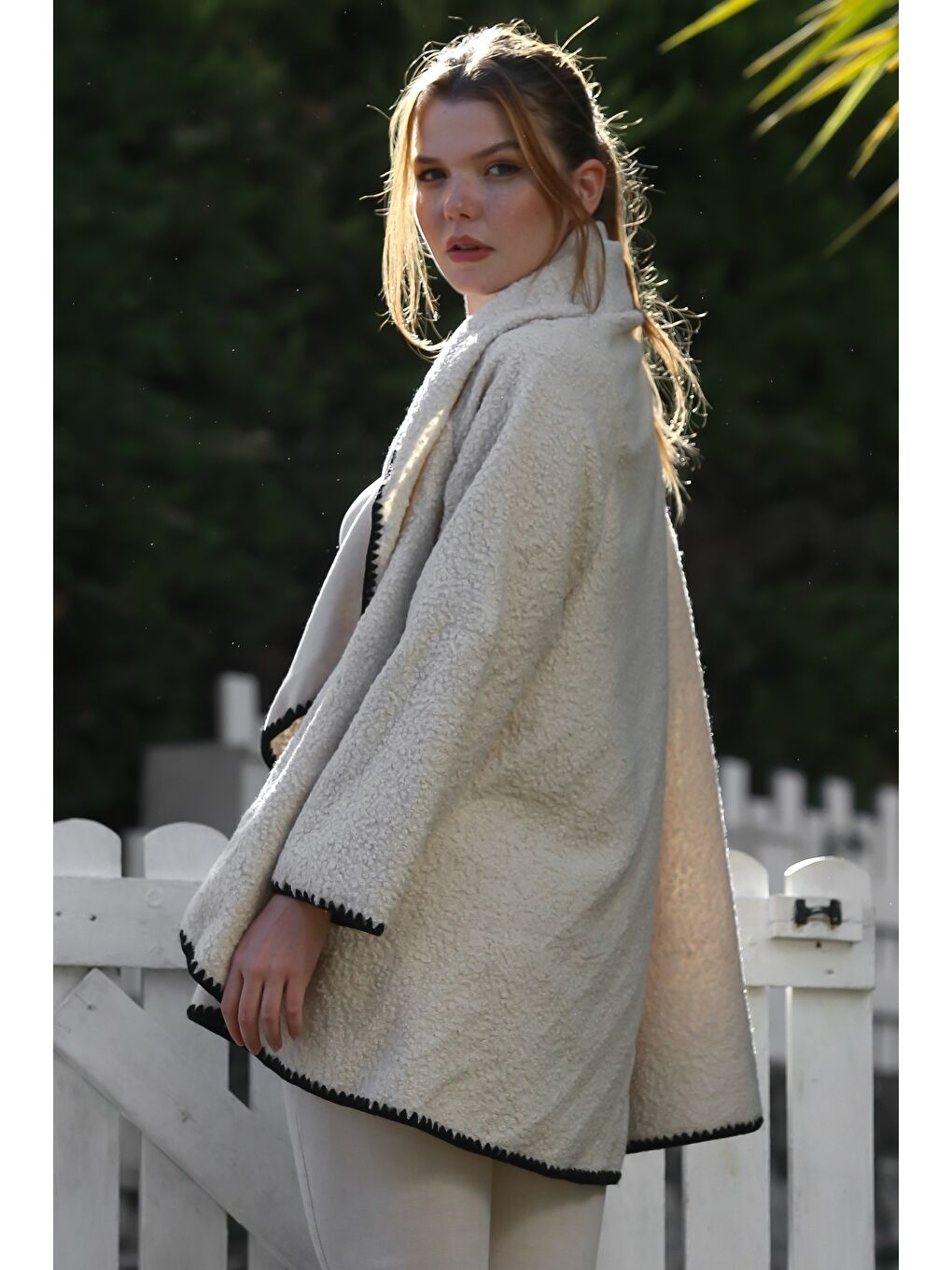 Ekru İtalyan Krem Şal Yaka Uzun Kol Kapamasız Çoban Dikişli Oversize Dokuma Ceket 77 66-1