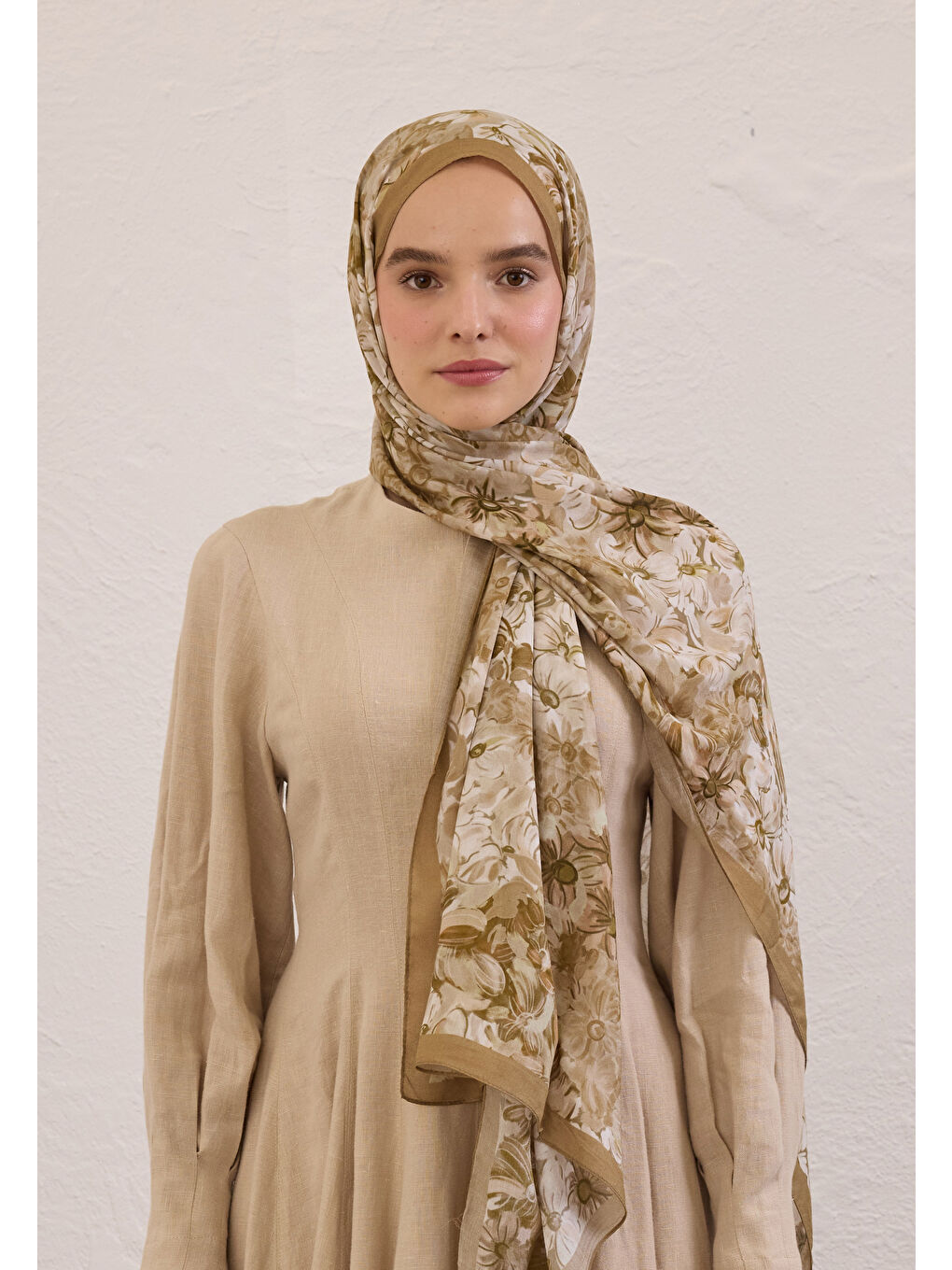 Bej Summer Bloom Desen Rami Şal Vizon-1