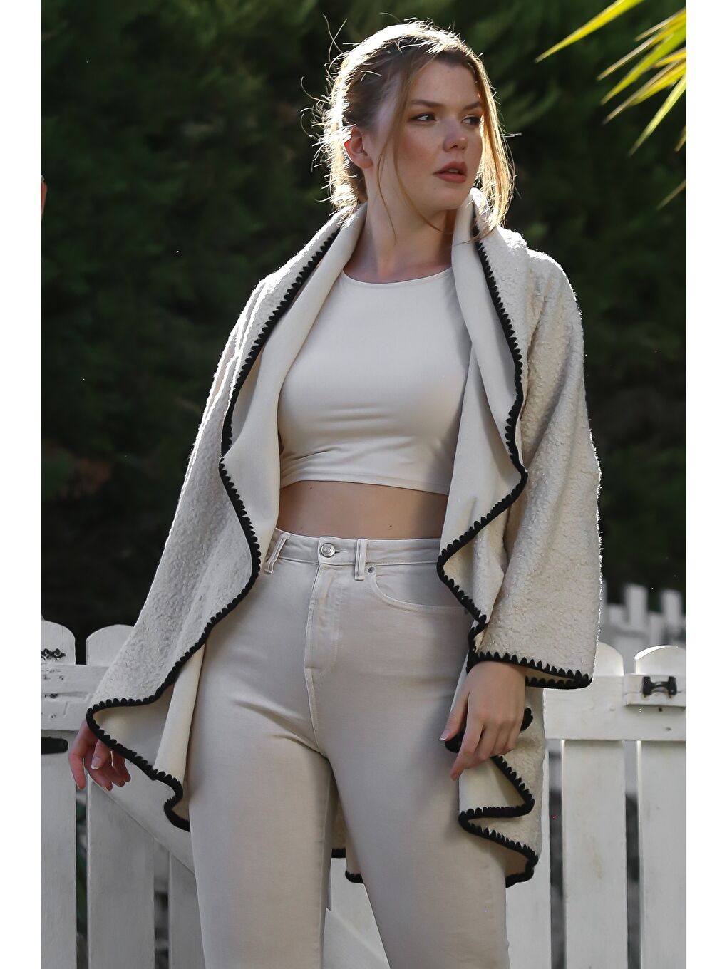 Ekru İtalyan Krem Şal Yaka Uzun Kol Kapamasız Çoban Dikişli Oversize Dokuma Ceket 77 66-2