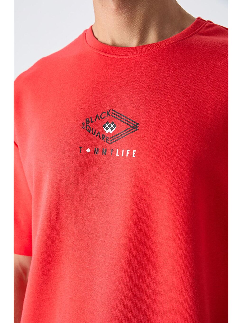 TOMMYLIFE Kırmızı Fiesta Pamuklu Kalın Yumuşak Dokulu Oversize Fit Baskılı Erkek T-Shirt - 88325 - 1