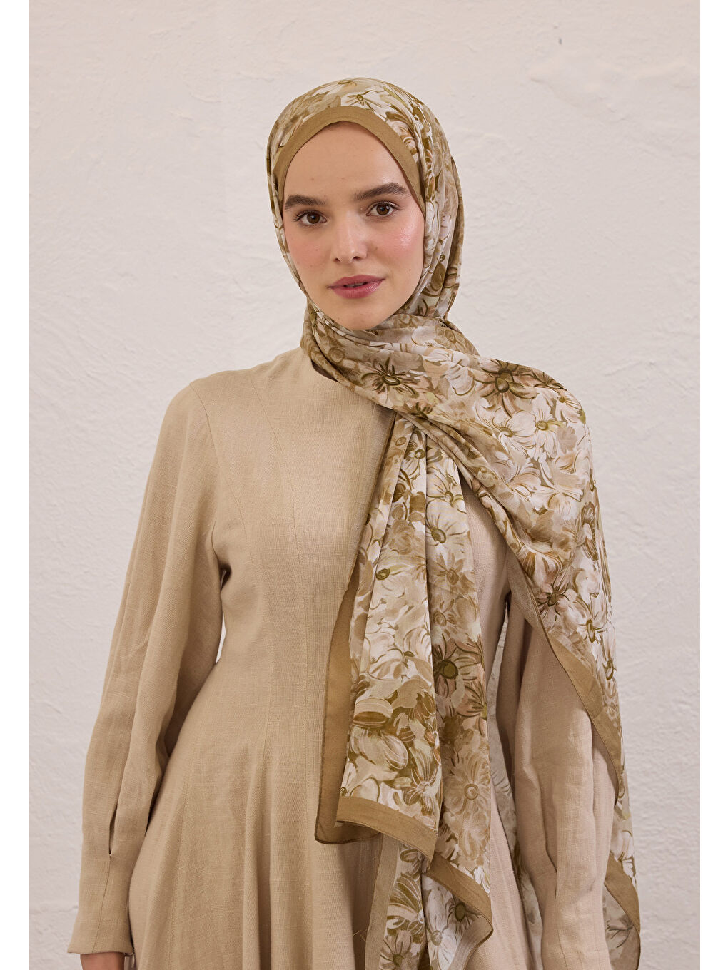 Bej Summer Bloom Desen Rami Şal Vizon-3