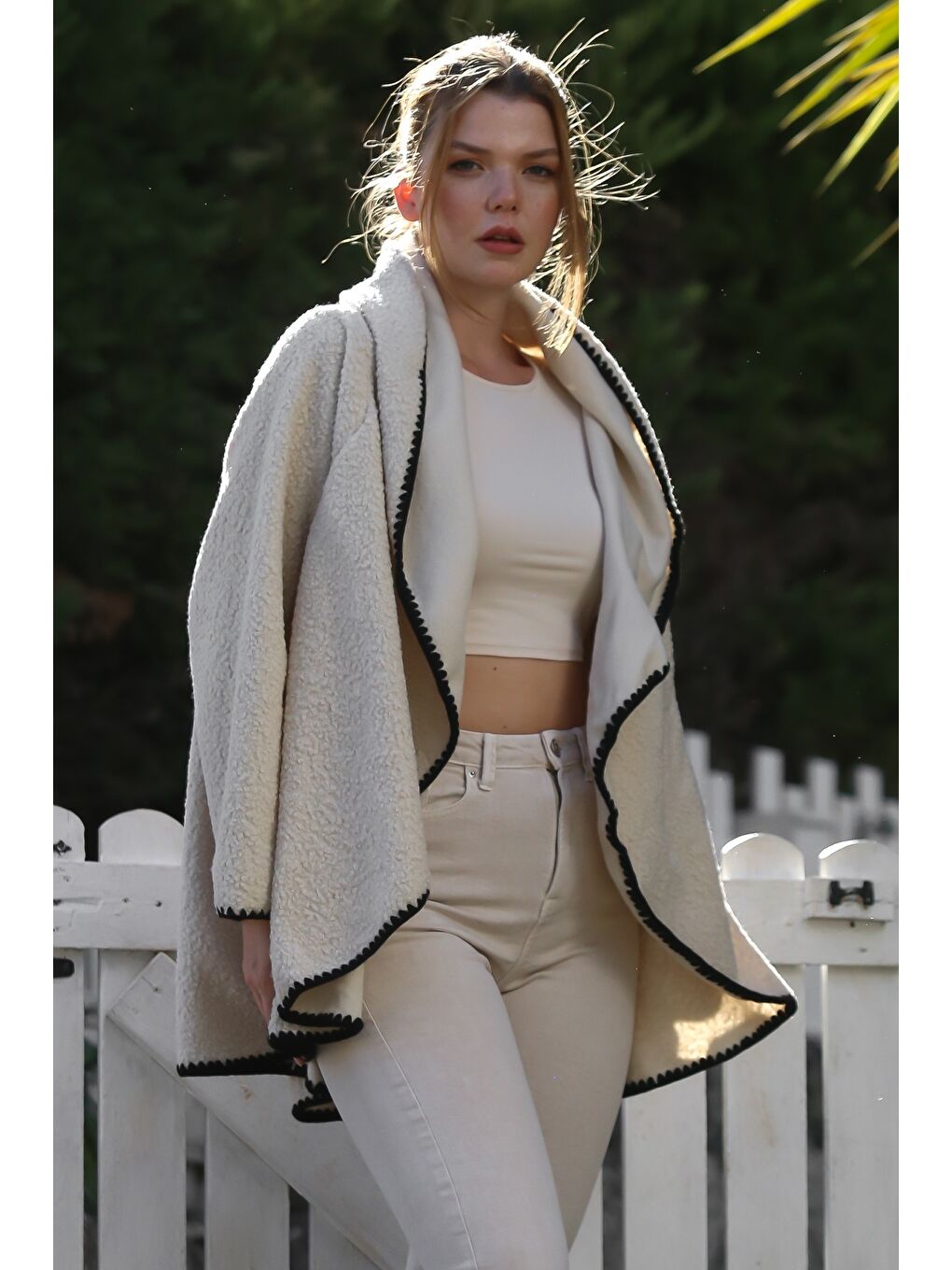 Ekru İtalyan Krem Şal Yaka Uzun Kol Kapamasız Çoban Dikişli Oversize Dokuma Ceket 77 66-3